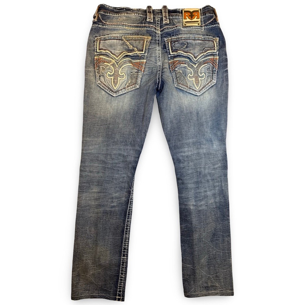Rock Revival Quency Slim Taper Jeans Mens 36 Distressed Stretch Embroidered - Picture 8 of 12
